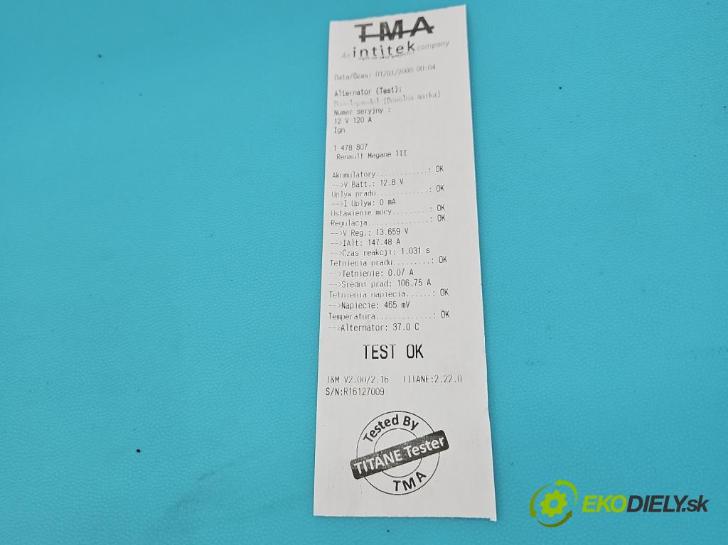 Renault Megane III 2008-2016 1.6 16V 101 HP manual 74 kW 1598 cm3 5- Alternator 8200660025 (Alternátor)