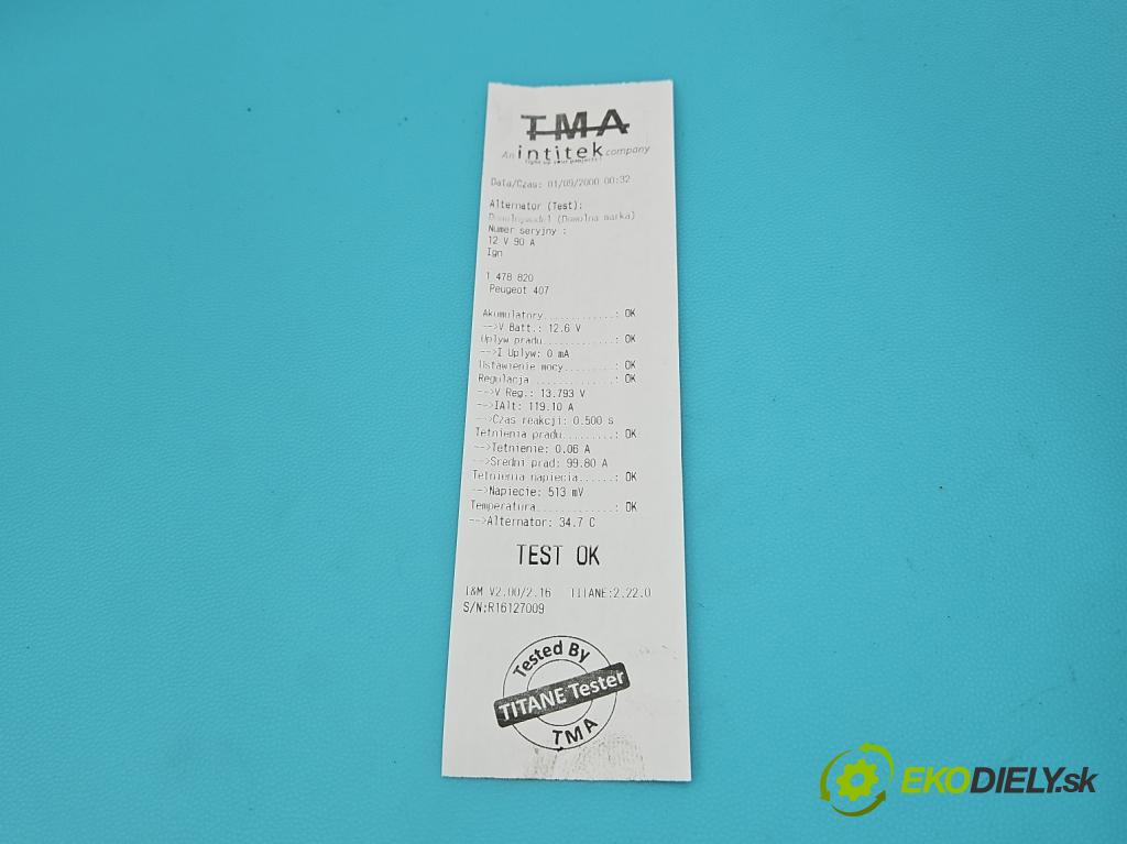 Peugeot 407 1,8.0 16V 116 HP manual 85 kW 1749 cm3 5- Alternator 9642880180 (Alternátor)