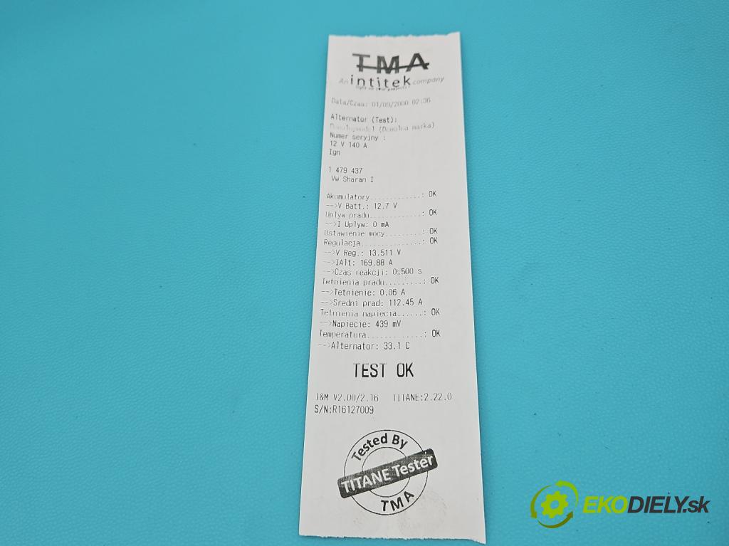 Vw Sharan I 1995-2010 1.9 tdi 116 HP manual 85 kW 1896 cm3 5- Alternator 06F903023J (Alternátor)