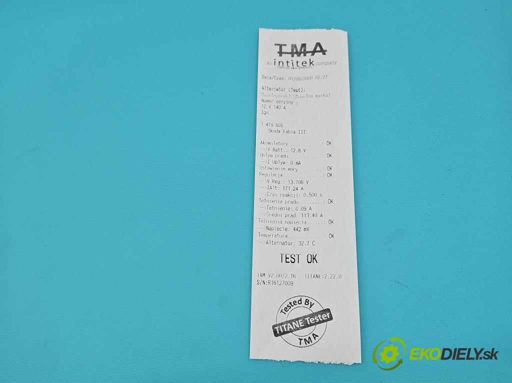 Skoda Fabia III 2014- 2021 1.0 MPI 60 HP manual 44 kW 999 cm3 5- Alternator 04C903026F (Alternátor)