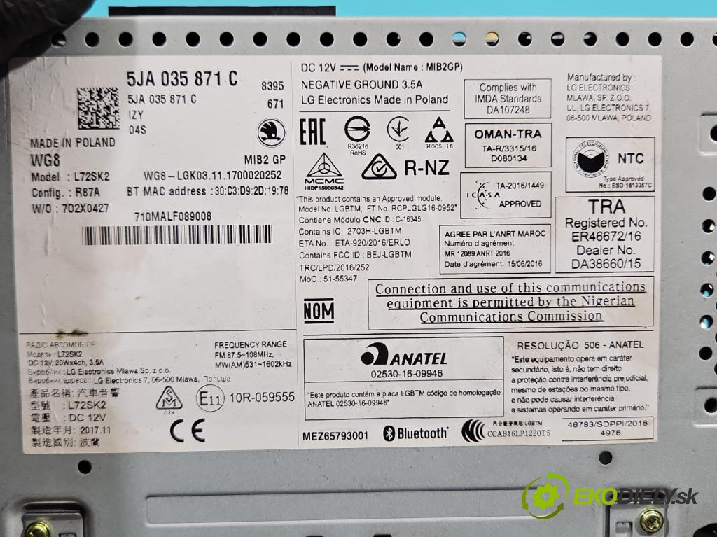 Skoda Rapid 2012-2019 1.0 TSI 95 HP manual 70 kW 999 cm3 5- Radio originál 5JA035871C
