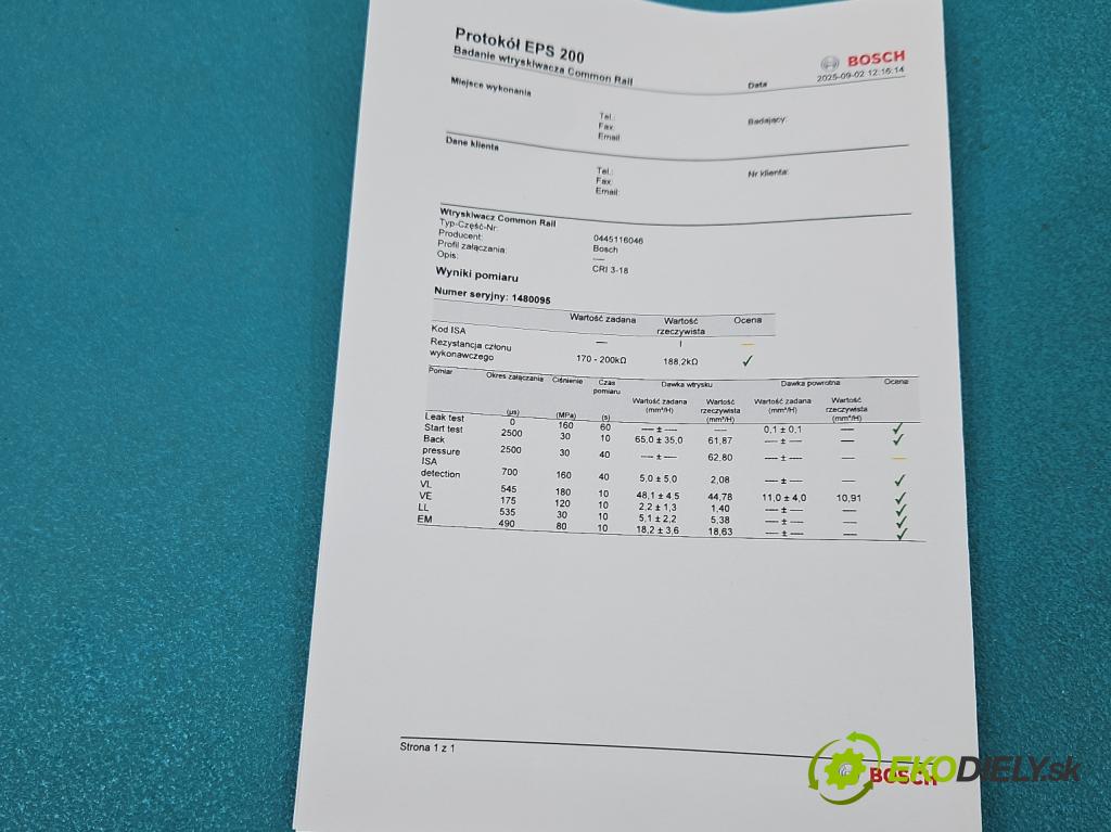 Volvo V40 II 2012-2019 2.0 D3 150 HP automatic 110 kW 1984 cm3 5- vstrek 0445116046 (Vstrekovač paliva)