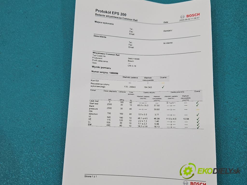 Volvo V40 II 2012-2019 2.0 D3 150 HP automatic 110 kW 1984 cm3 5- vstrek 0445116046 (Vstrekovač paliva)
