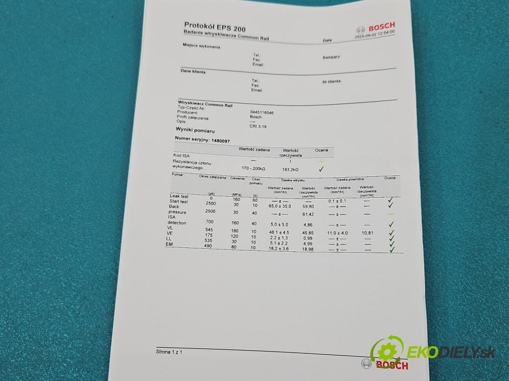 Volvo V40 II 2012-2019 2.0 D3 150 HP automatic 110 kW 1984 cm3 5- vstrek 0445116046 (Vstrekovač paliva)