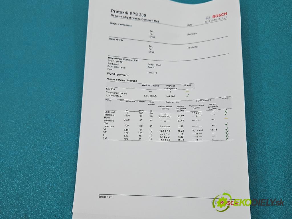 Volvo V40 II 2012-2019 2.0 D3 150 HP automatic 110 kW 1984 cm3 5- vstrek 0445116046 (Vstrekovač paliva)