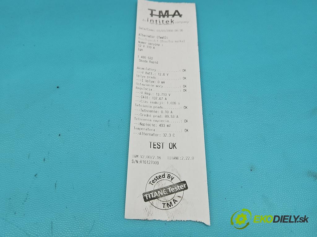 Skoda Rapid 2012-2019 1.0 TSI 95 HP manual 70 kW 999 cm3 5- Alternator 04E903015 (Alternátor)