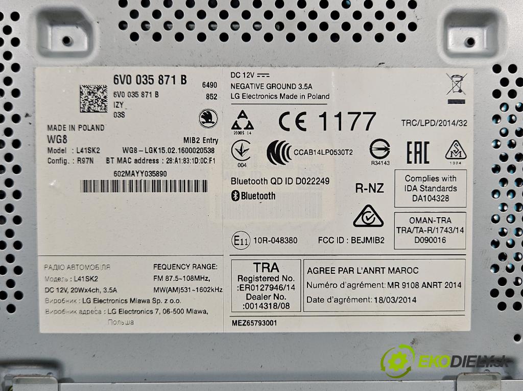 Skoda Fabia III 2014- 2021 1.4 tdi 105 HP manual 77 kW 1422 cm3 5- Radio originál 6V0035871B