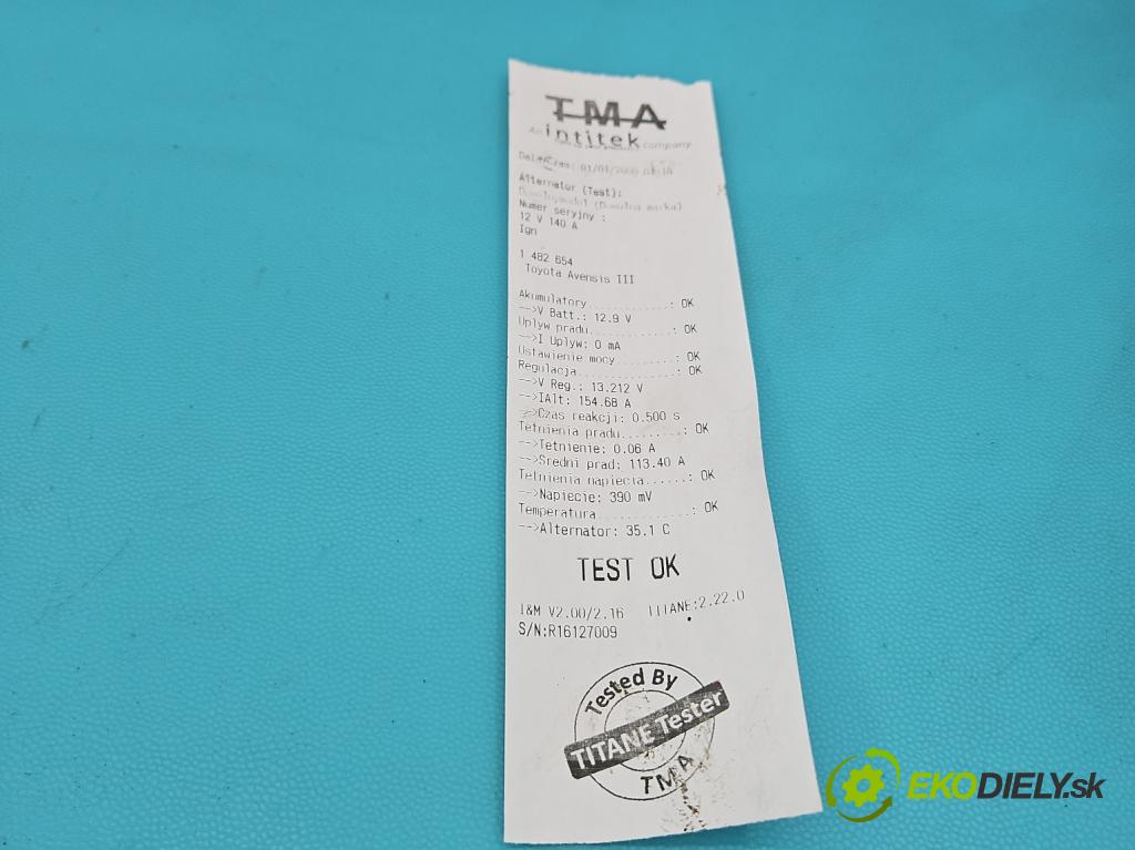 Toyota Avensis III T27 2009-2018 1.8 vvti 147 HP manual 108 kW 1798 cm3 5- Alternator 27060-0T180 (Alternátor)