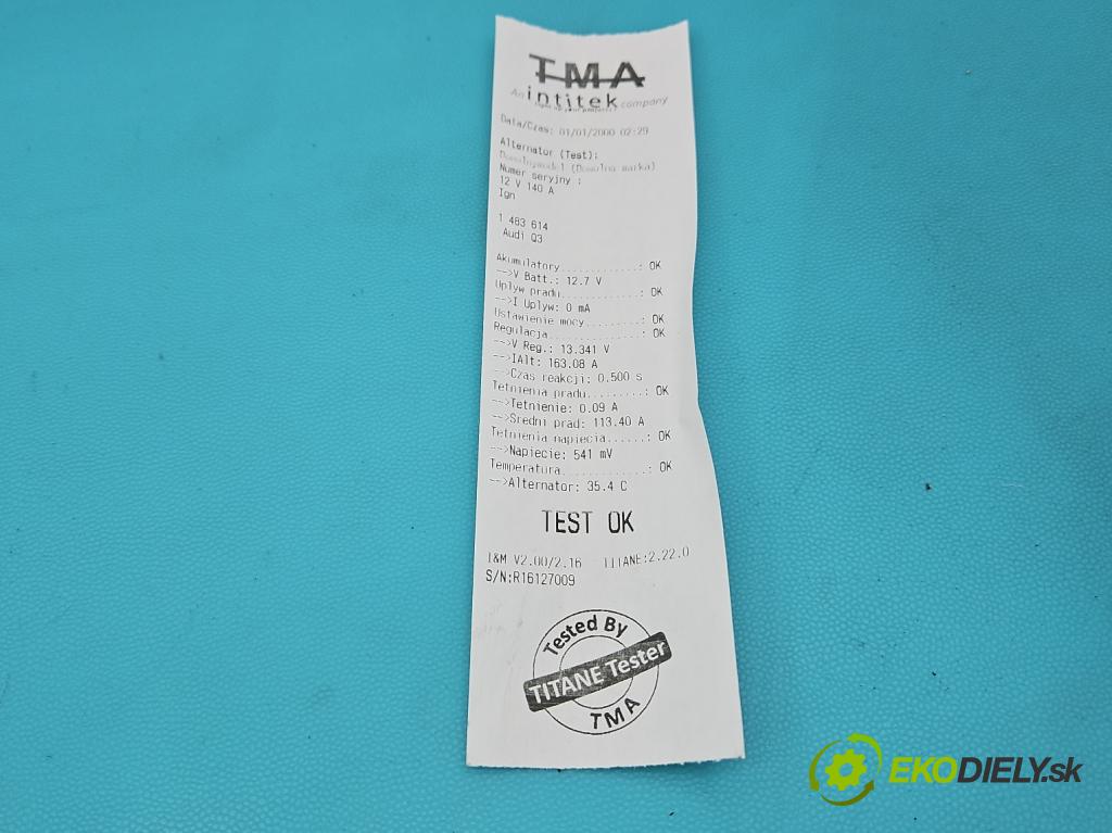 Audi Q3 2011-2018 2.0 tdi 177 HP automatic 130 kW 1968 cm3 5- Alternator 03L903023 (Alternátor)