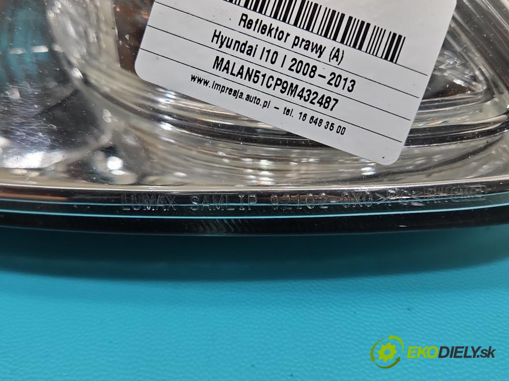 Hyundai I10 I 2008-2013 1.2 16V 78 HP manual 57.3 kW 1248 cm3 5- Reflektor: pravý 92101-0X0 (Svetlo predné pravé)