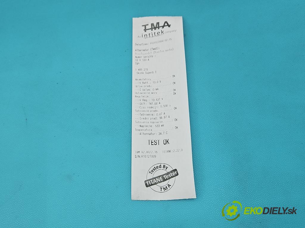 Skoda Superb I 2001-2008 1.9 tdi 131 HP automatic 96 kW 1896 cm3 4- Alternator 028903031A (Alternátor)