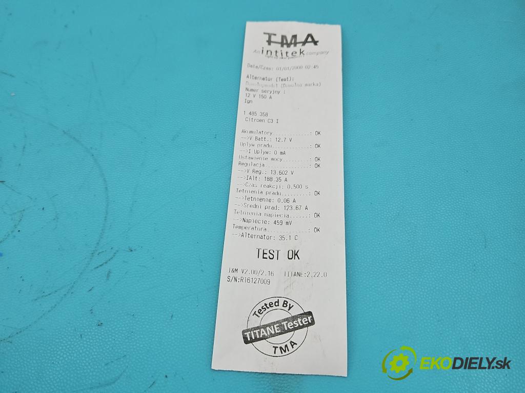 Citroen C3 I 2002-2009 1.4 HDI 68 HP manual 50 kW 1398 cm3 5- Alternator 9646476280 (Alternátor)