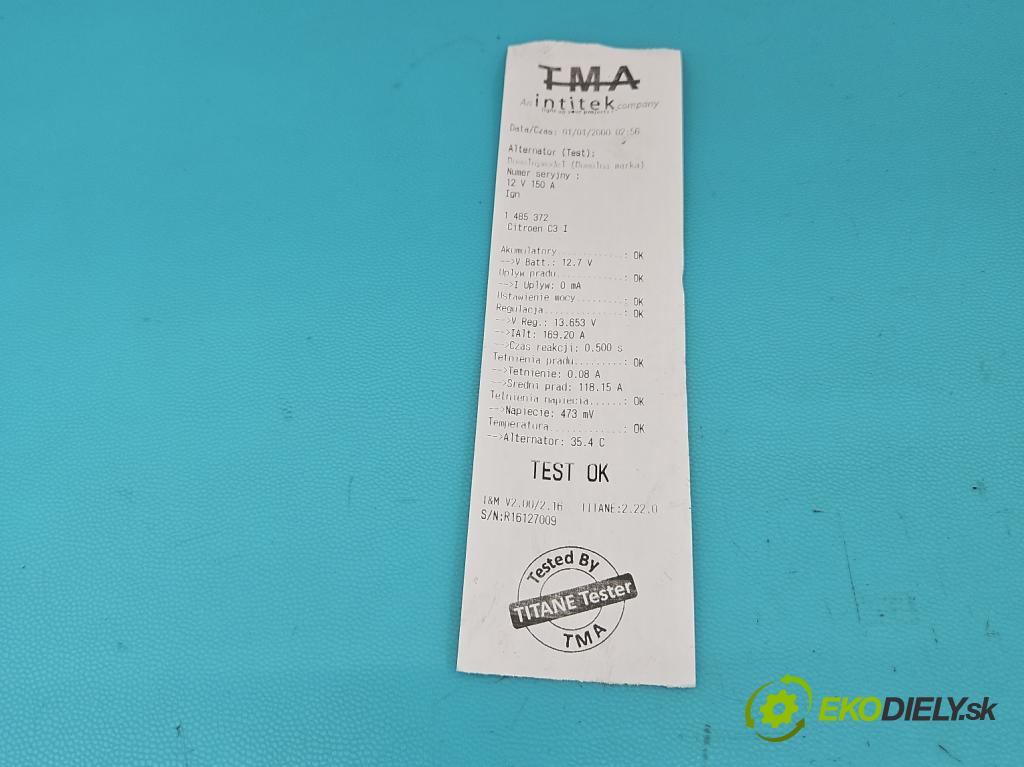 Citroen C3 I 2002-2009 1.4 HDI 68 HP manual 50 kW 1398 cm3 5- Alternator 9646321780 (Alternátor)