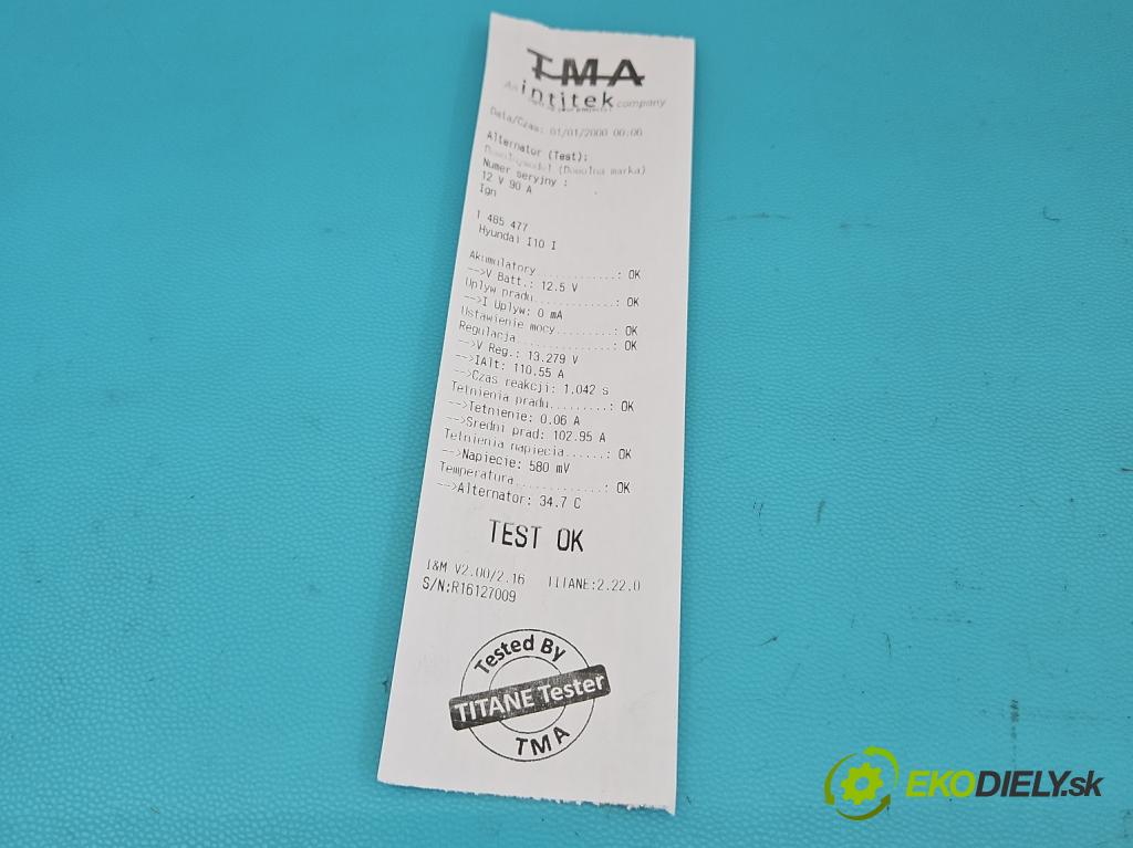 Hyundai I10 I 2008-2013 1.2 16V 78 HP manual 57,3 kW 1248 cm3 5- Alternator 37300-03100 (Alternátor)