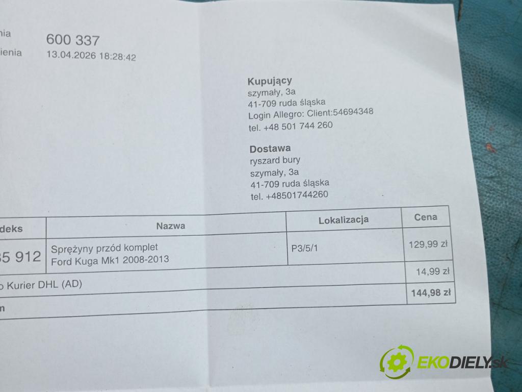 Ford Kuga Mk1 2008-2013 2.0 tdci 136 HP manual 100 kW 1997 cm3 5- Pružiny: predné komplet 07432302