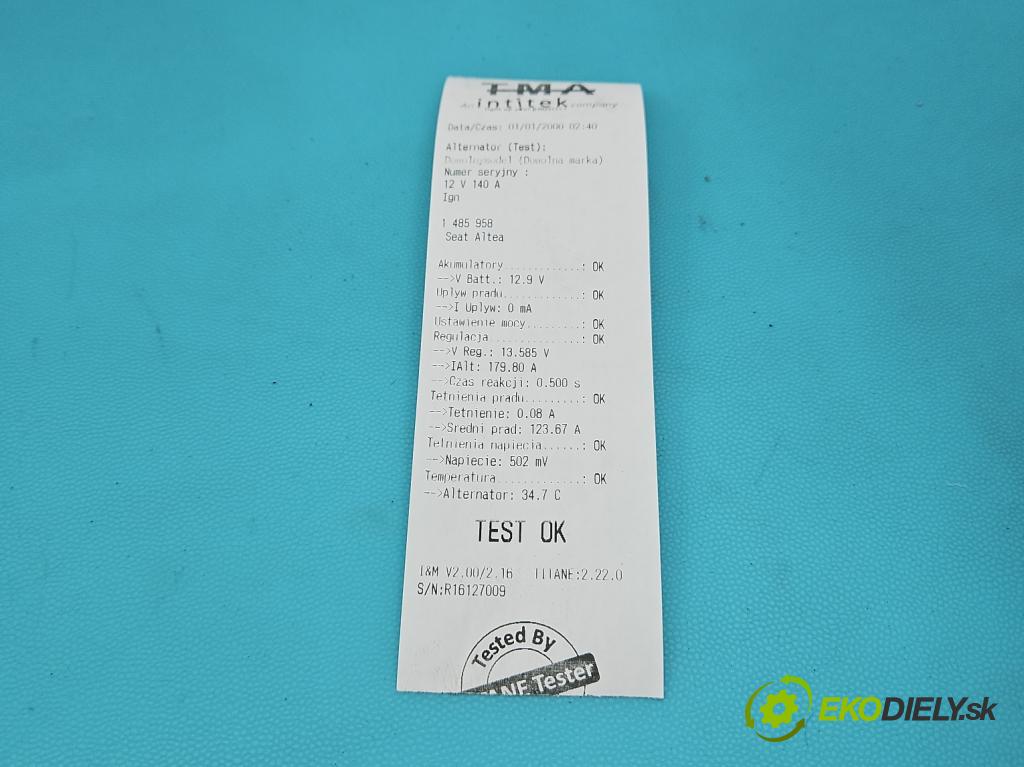 Seat Altea 1.6 SR XL 102 HP manual 75 kW 1595 cm3 5- Alternator 06F903023C (Alternátor)