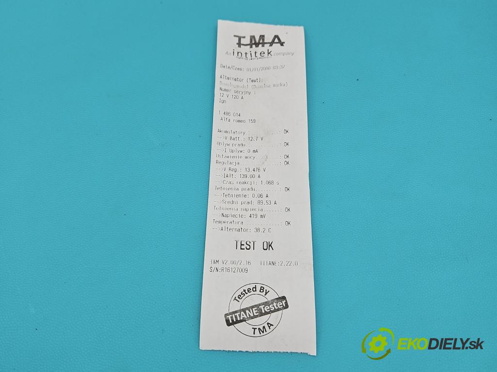 Alfa romeo 159 1.9 jts: 160 HP manual 118 kW 1859 cm3 4- Alternator 0124425041 (Alternátor)