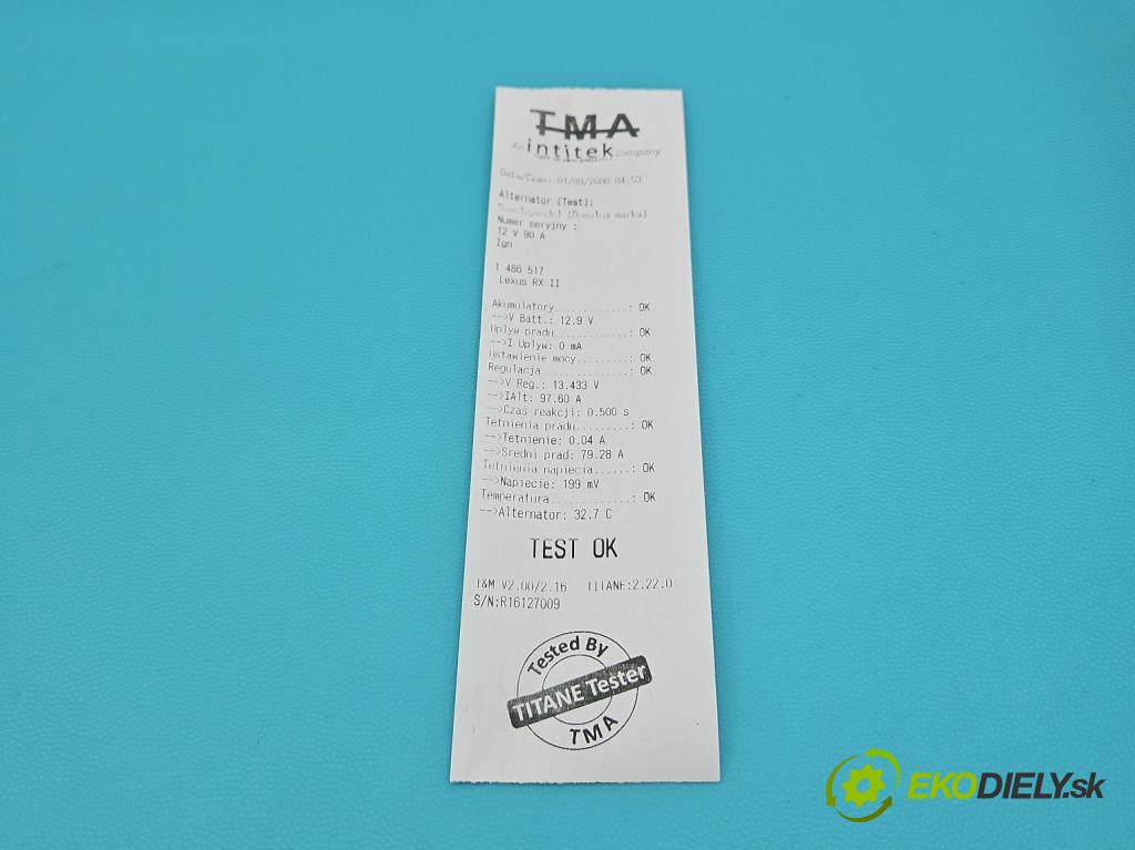 Lexus RX II 2003-2008 3.5 V6 automatic 203 kW 3456 cm3 5- Alternator 104210-5010 (Alternátor)