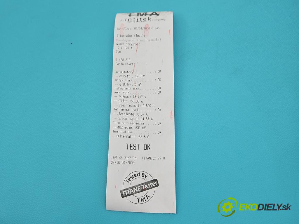 Dacia Dokker 2012- 1.3 TCE: 102 HP manual 75 kW 1332 cm3 5- Alternator 231005300R (Alternátor)
