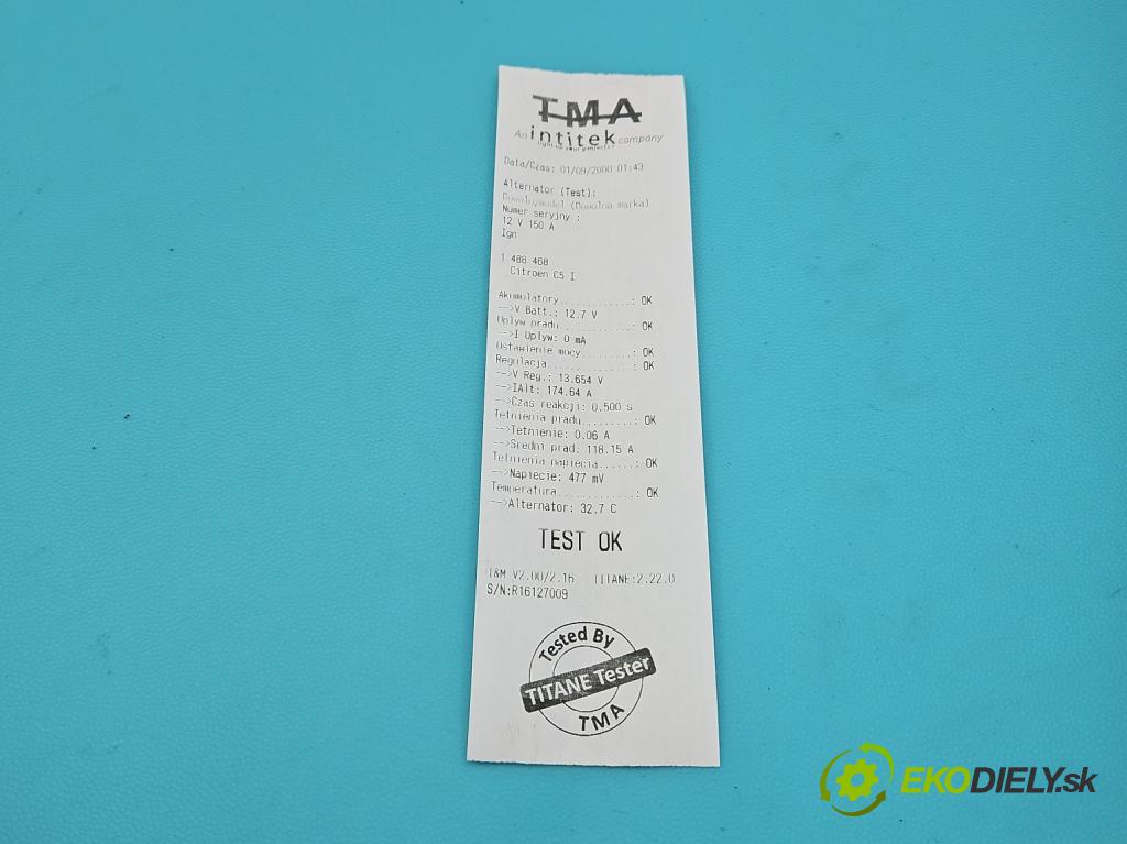 Citroen C5 I 2001-2008 1.6 hdi 109 HP manual 80 kW 1560 cm3 5- Alternator 9646321780 (Alternátor)