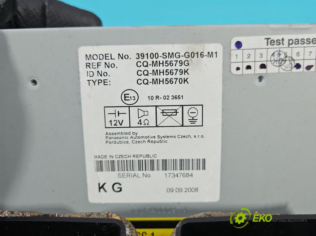 Honda Civic VIII 2006-2011 1.8 16V 140 hp manual 103 kW 1799 cm3 5- Radio továrna: 39100-SMG-G016-M1