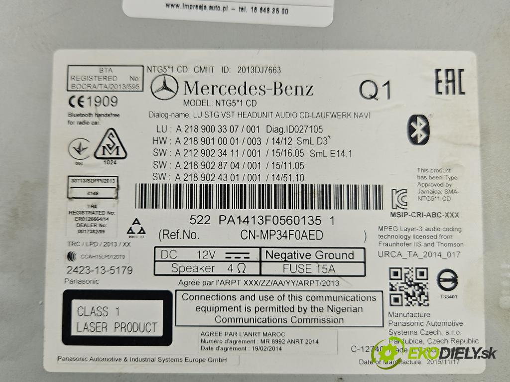 Mercedes E W212 2009-2016 2,2.0 cdi 136 HP automatic 100 kW 2143 cm3 5- Radio originál A2189003307