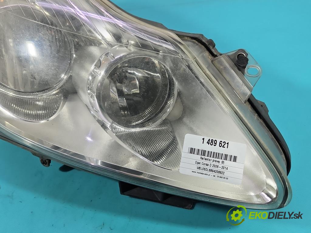 Opel Corsa D 2006-2014 1.2 16v 80 HP manual 59 kW 1229 cm3 5- Reflektor: pravý 13186382 (Svetlo predné pravé)