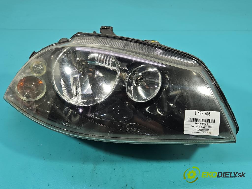 Seat Ibiza III 6L 2002-2008 1.4 16V 75 HP manual 55 kW 1390 cm3 5- Reflektor: pravý  (Svetlo predné pravé)