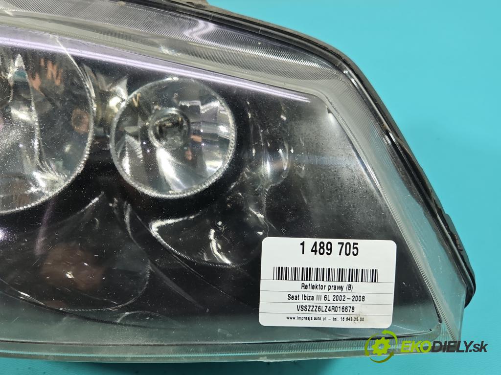 Seat Ibiza III 6L 2002-2008 1.4 16V 75 HP manual 55 kW 1390 cm3 5- Reflektor: pravý  (Svetlo predné pravé)