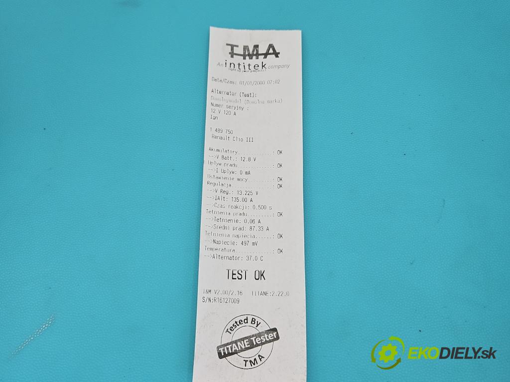 Renault Clio III 2005-2012 1.5 DCI 106 HP manual 78 kW 1461 cm3 5- Alternator 0124425037 (Alternátor)