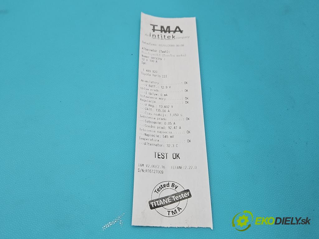 Toyota Yaris III 2011-2020 1.3 vvt-i 99 HP manual 73 kW 1329 cm3 5- Alternator 27060-0Y160 (Alternátor)