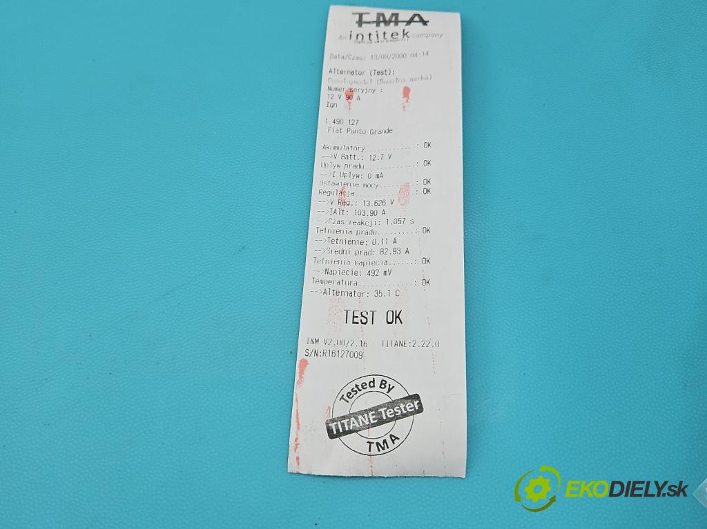 Fiat Punto Grande 1.3 JTD 69KM manual 51 kW 1300 cm3 3- Alternator 46823547 (Alternátor)