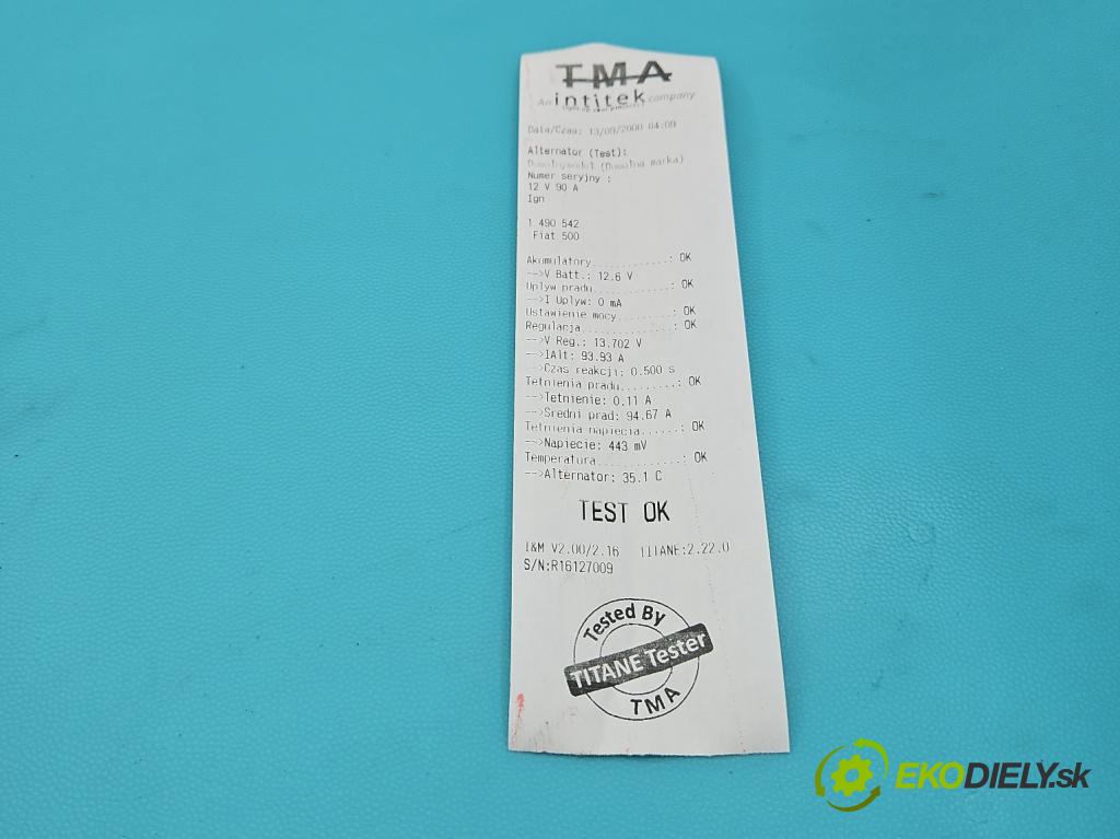 Fiat 500 2007-2020 1.2 8V 69KM manual 51 kW 1242 cm3 3- Alternator 51714791 (Alternátor)