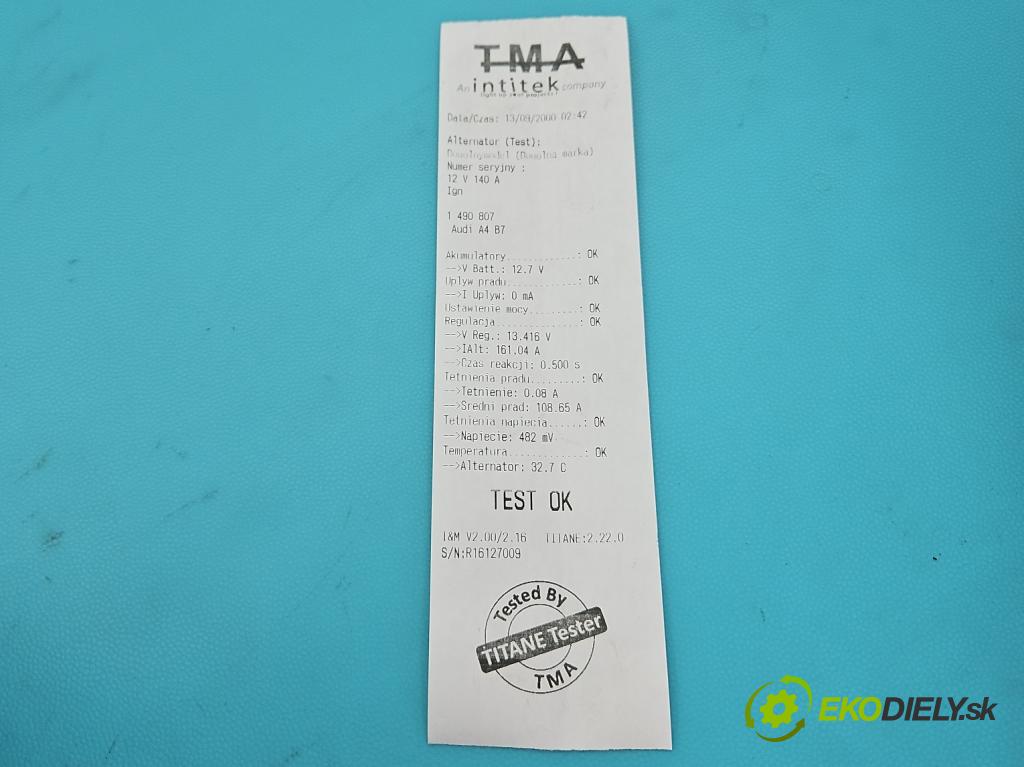 Audi A4 B7 2004-2008 1.9 TDI 116 HP manual 85 kW 1896 cm3 5- Alternator 06F903023H (Alternátor)