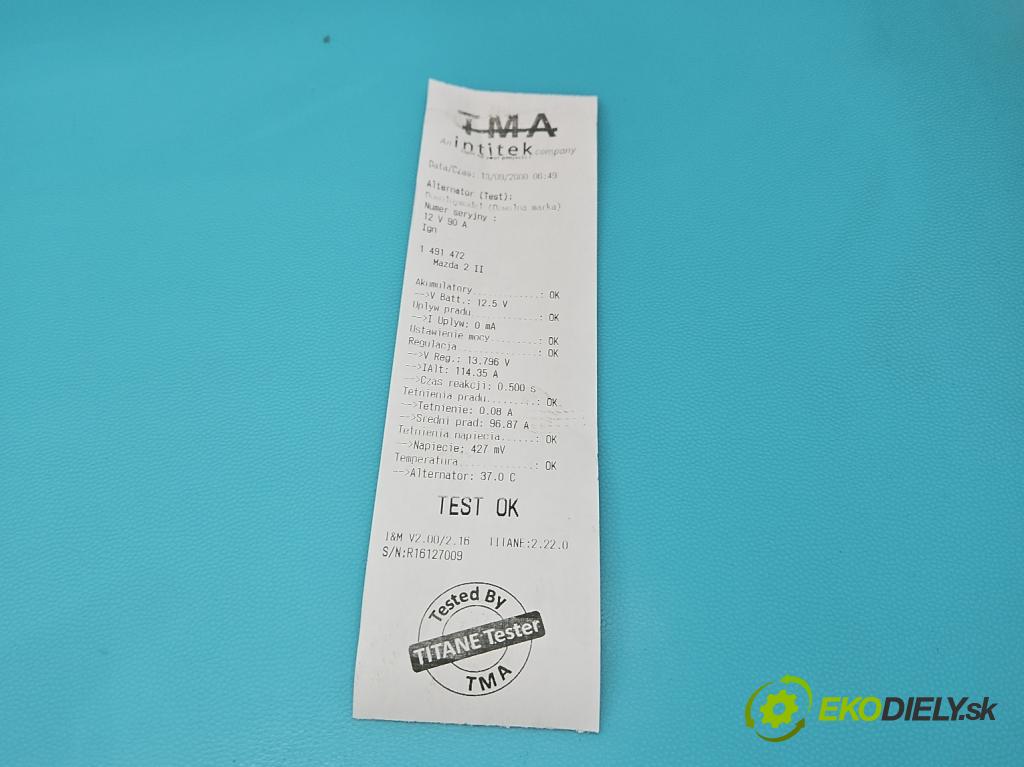 Mazda 2 II 2007-2014 1.3 16V 75 HP manual 55 kW 1349 cm3 5- Alternator A2TG1391 (Alternátor)