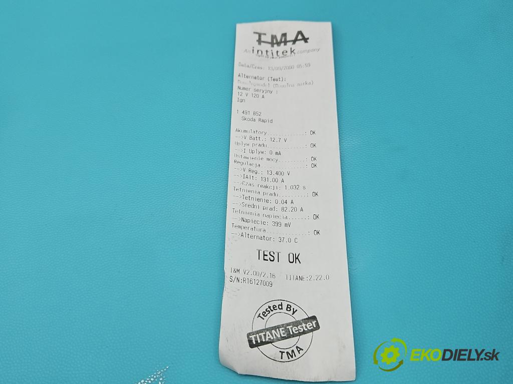 Skoda Rapid 2012-2019 1.6 tdi 90 HP manual 66 kW 1598 cm3 5- Alternator 038903024F (Alternátor)