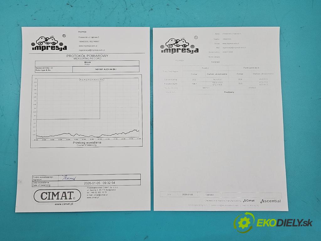 Audi A4 B6 2000-2004 1.9 tdi 101 HP manual 74 kW 1896 cm3 4- turbodúchadlo, turbo repasovaná 454231-8