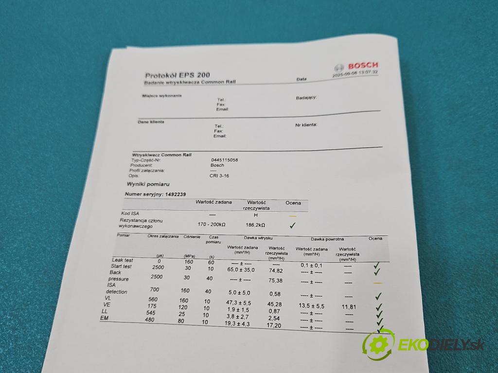 Audi A5 8T 2007-2016 3.0 tdi V6 239KM manual 176 kW 2967 cm3 2- vstrek 0445115058 (Vstrekovač paliva)