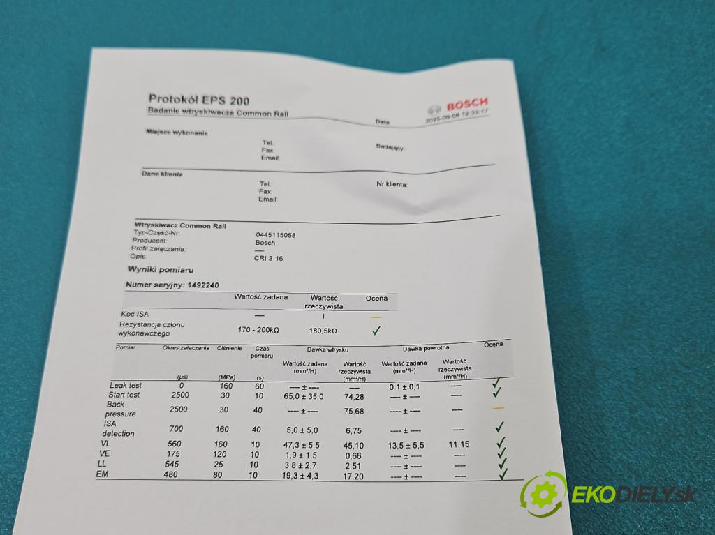 Audi A5 8T 2007-2016 3.0 tdi V6 239KM manual 176 kW 2967 cm3 2- vstrek 0445115058 (Vstrekovač paliva)