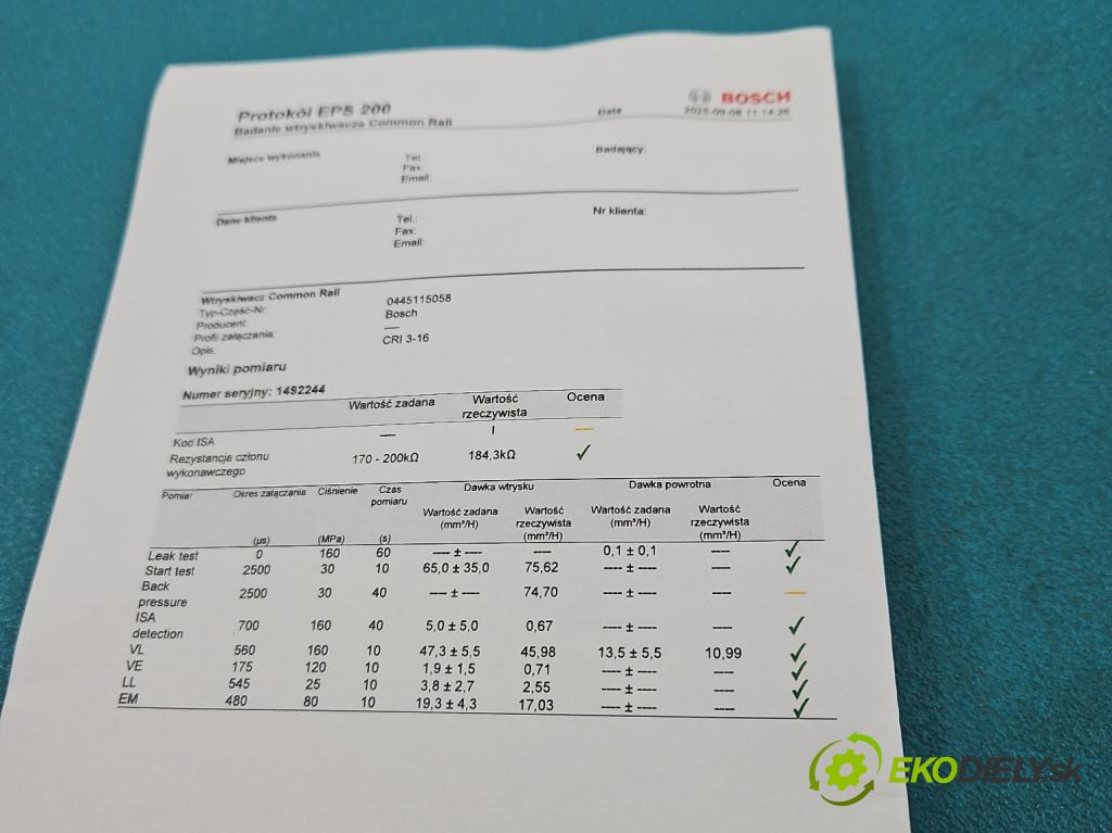 Audi A5 8T 2007-2016 3.0 tdi V6 239KM manual 176 kW 2967 cm3 2- vstrek 0445115058 (Vstrekovač paliva)
