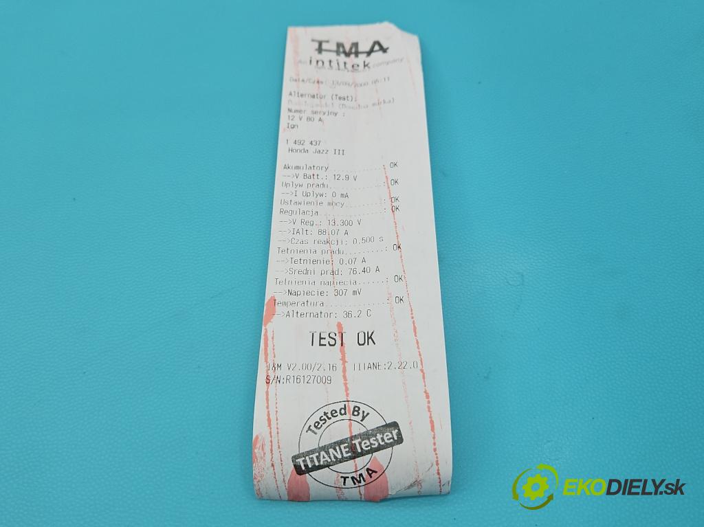 Honda Jazz III 2008-2014 1.3 16V 99 HP manual 73 kW 1339 cm3 5- Alternator A5TJ0091ZD (Alternátor)