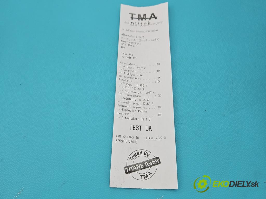 Vw Golf IV 1997-2003 1.9 tdi 116 HP manual 85 kW 1896 cm3 3- Alternator 028903028E (Alternátor)