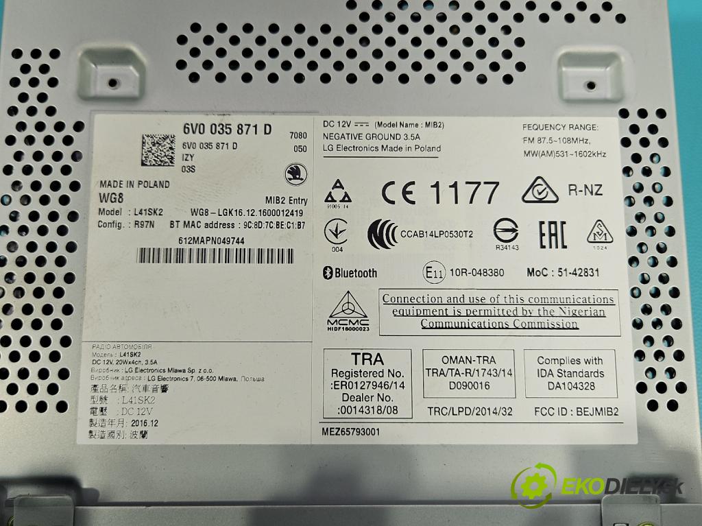 Skoda Fabia III 2014- 2021 1.2 TSI 90 HP manual 66 kW 1197 cm3 5- Radio originál 6V0035871D