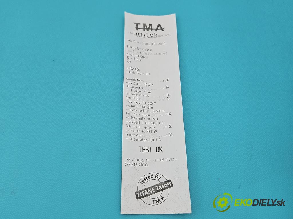 Skoda Fabia III 2014- 2021 1.2 TSI 90 HP manual 66 kW 1197 cm3 5- Alternator 04E903015 (Alternátor)