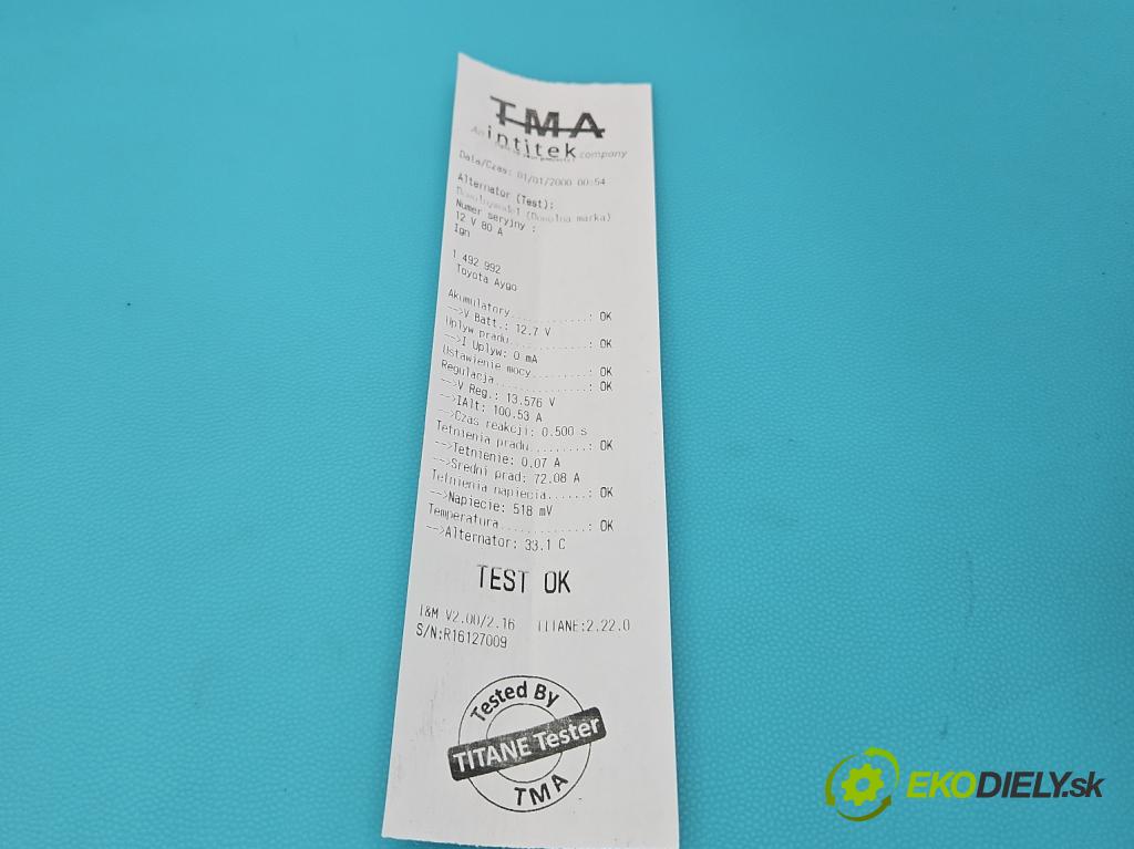 Toyota Aygo 2005-2014 1.0 VVTI 68 HP manual 50 kW 998 cm3 5- Alternator 101210-1410 (Alternátor)