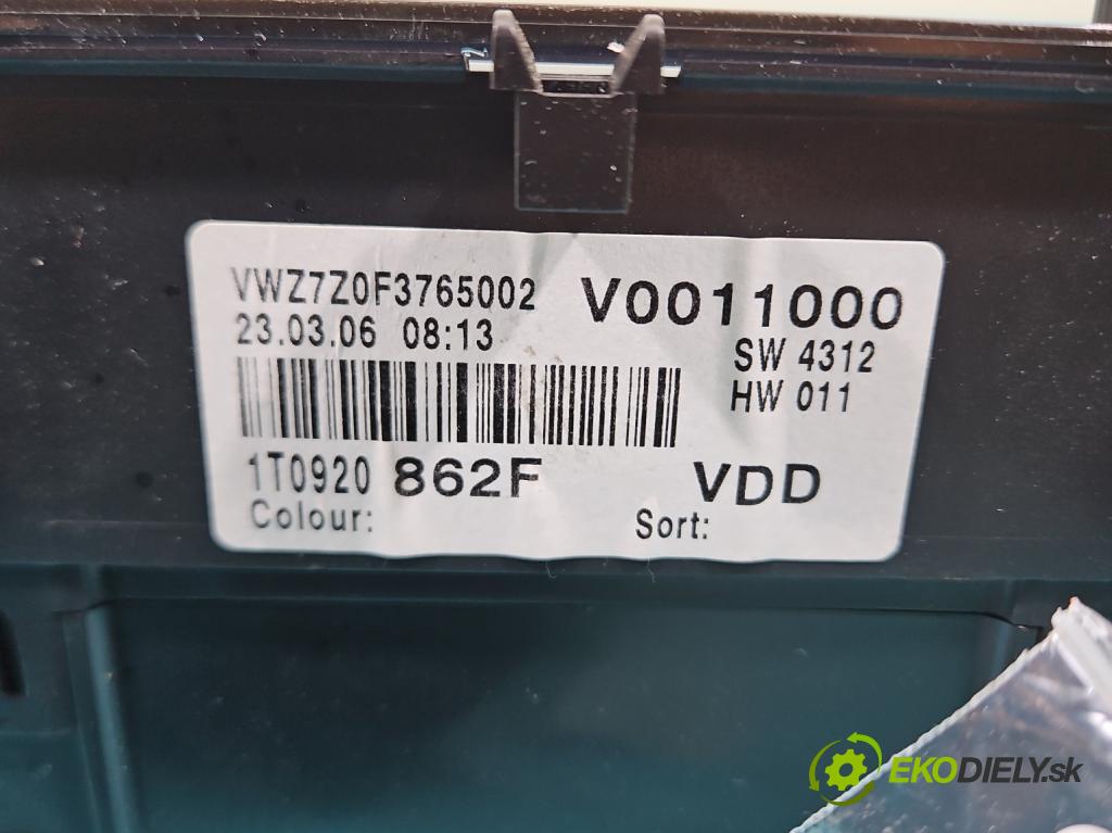 Vw Touran I 2003-2015 1.9 tdi (BLS) 105 HP manual 77 kW 1896 cm3 5- prístrojovka/ budíky 1T0920862F (Prístrojová doska)