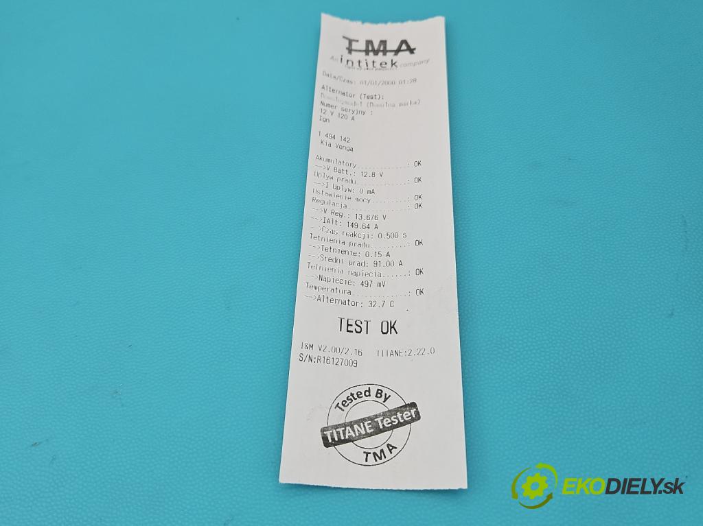 Kia Venga 1.4 crdi 75 HP manual 55 kW 1396 cm3 5- Alternator 37300-2A500 (Alternátor)