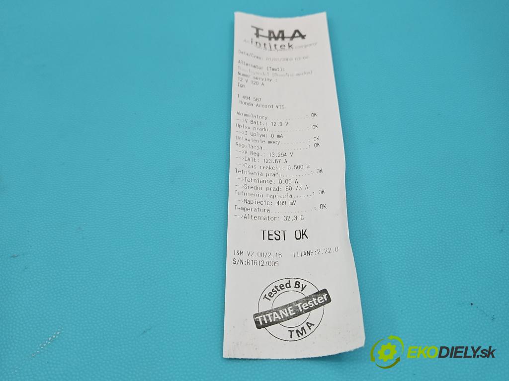 Honda Accord VII 2002-2008 2.0 16V 155 HP manual 114 kW 1998 cm3 5- Alternator 104210-3291 (Alternátor)