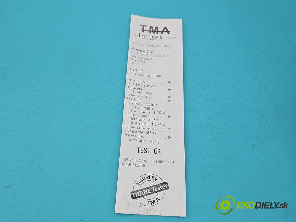 Nissan Qashqai I J10 2006-2013 1.5 dci 106 HP manual 78 kW 1461 cm3 5- Alternator 0124525140 (Alternátor)