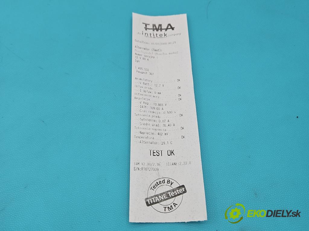 Peugeot 307 1.6 16V 109 HP manual 80 kW 1587 cm3 5- Alternator 9649611780 (Alternátor)